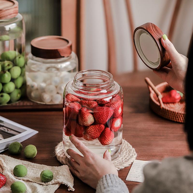 Large Capacity Threaded Glass Jar with Wooden Lid for Storage - Suitable for Green Plum, Grape Infused Wine, Dried Tangerine Peel, and Grains.