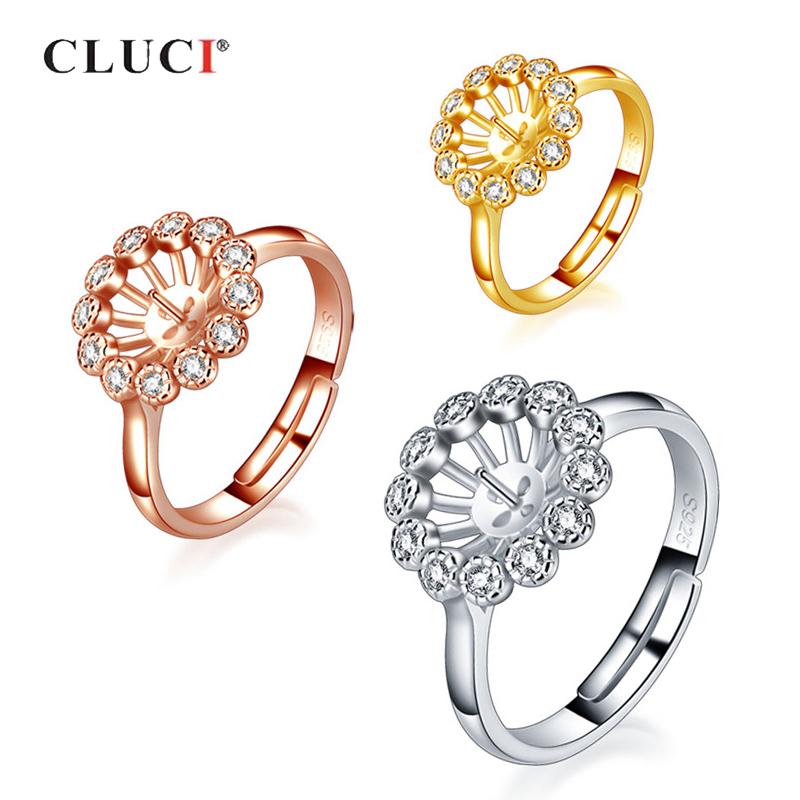 

CLUCI 925 Sterling Silver Round Flower Ring for Jewelry Adjustable Pearl Ring Mounting Silver 925 Zircon Women Rings SR2247SB resizable золотой