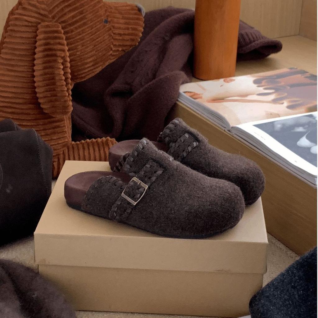 Cowhide Version~ Retro Evening Wind Bag Head Half Slippers Women Wear a Pedal On the Outside, Thick-soled Gray Woolen Boken Shoes Women
