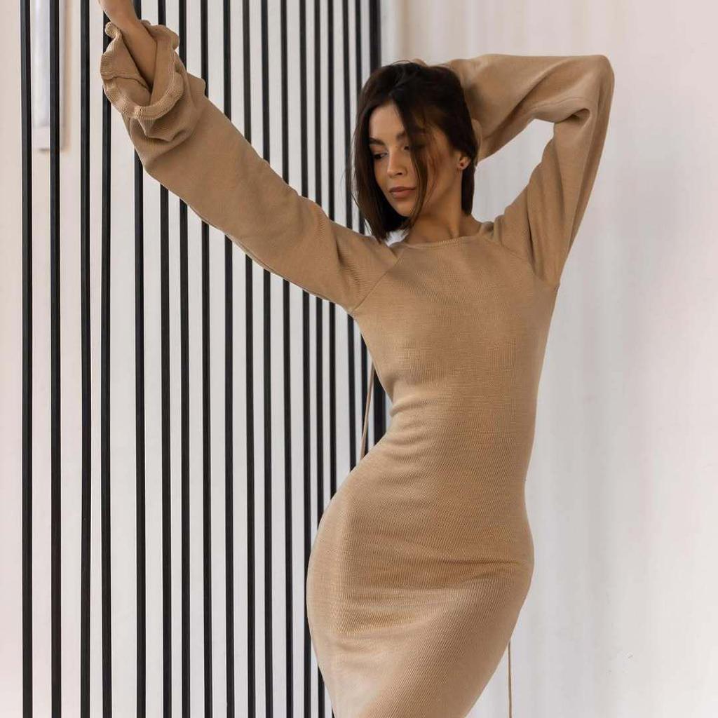2025 Europäischer & Amerikanischer Stil Damen Bodycon Strickkleid mit Glockenärmeln