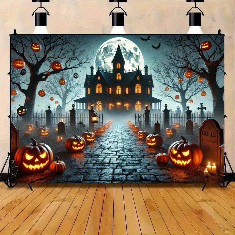 Terrifying Halloween backdrop banner - 8x6 feet durable polyester photo background, featuring a creepy mansionzyc