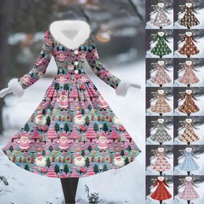 Damen Freizeitkleid Langarm V-Ausschnitt Patchwork Fleece Weihnachtsprint Kleid