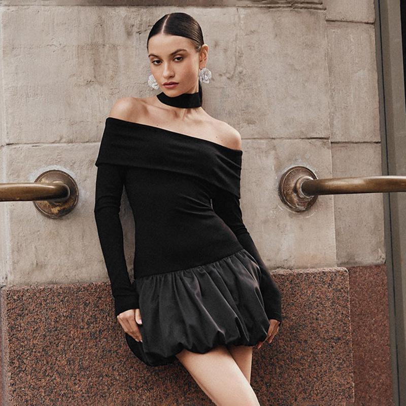 European & American Sexy Off-Shoulder Black & White Patchwork Slim Bubble Dress - Long-Sleeved, Autumn/Winter Collection.