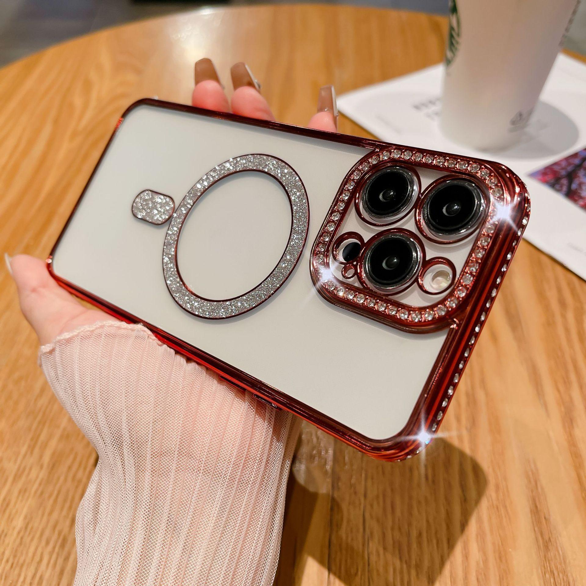 

Подходит для iPhone16, Гальванизированный чехол для телефона с водными бриллиантами, Блестящее магнитное кольцо, Чехол для защиты от падений Apple 15proMax 14 iPhone16proMax красный