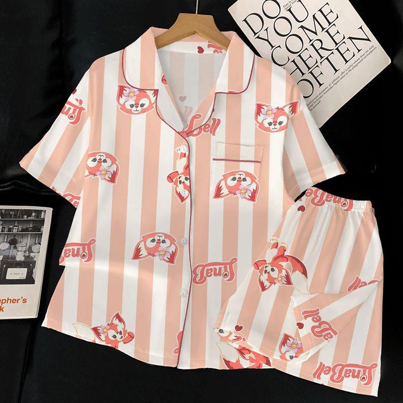 Blue Striped Little White Dog Ice Silk Pajamas Women'S Summer Short Sleeve Student Thin Homewear Set