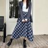 navy blue skirt women's spring and autumn new high waist drape fashion retro medium and long A-shaped irregular plaid umbrella skirt