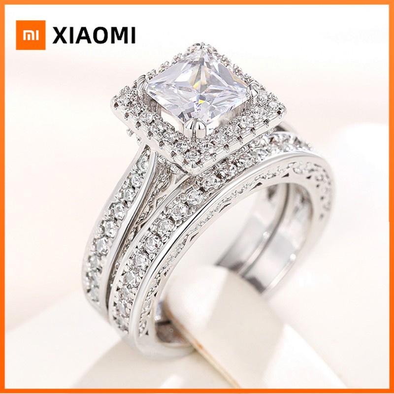 Xiaomi Huitan Princess Square CZ 2Pcs Set Rings for Women Luxury Trendy Female Accessories Engagement Wedding Party Elegant Jewelry