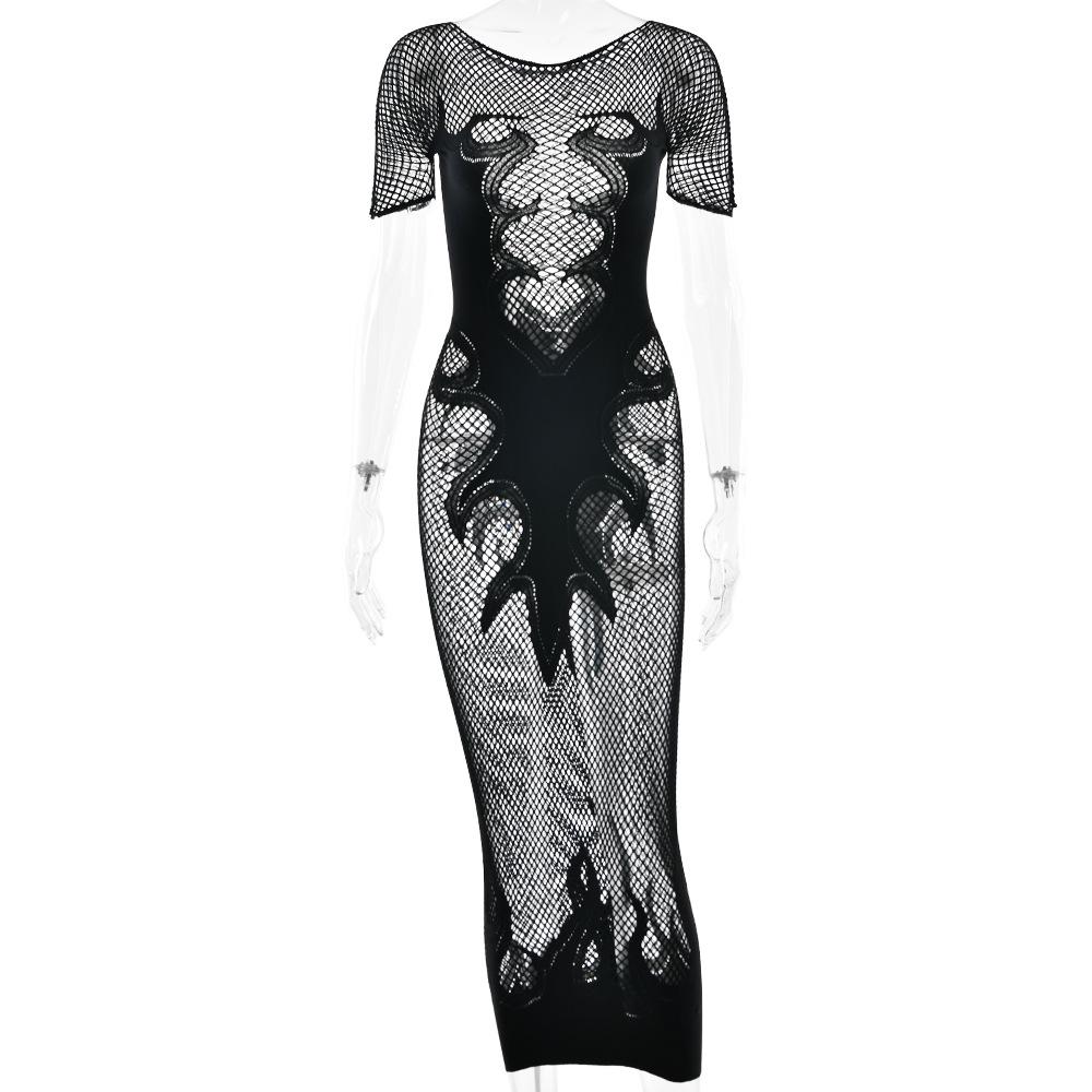 

Wind fashionable and sexy hollow perspective tight dress new Spice Girl flame detail fishing net round neck long dress One size fits all чорний