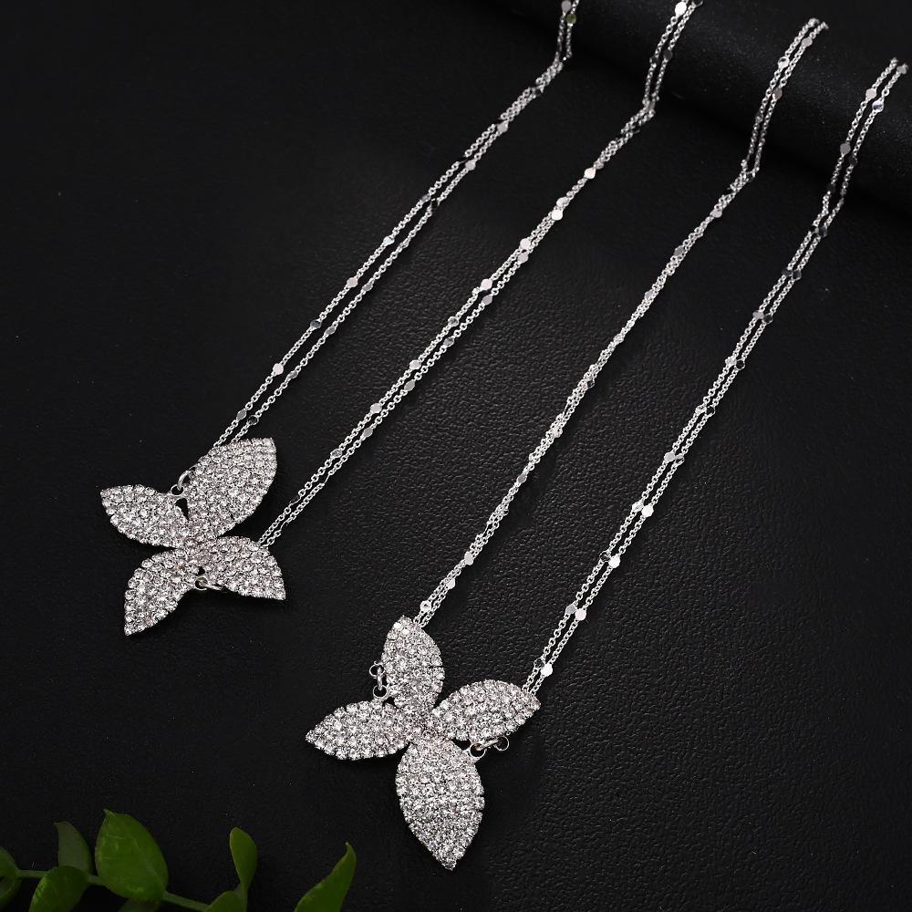 Hot-selling Petal Pendant Necklace Stacked Double Rhinestone Necklace Banquet Accessories Women's Necklace