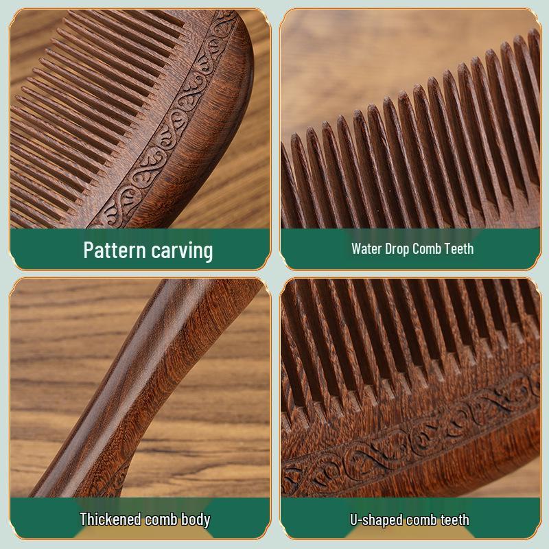 Natürliches Schwarzes Sandelholz mit Goldstaub Doppelseitig Geschnitztes Massagekamm-Set für Damen