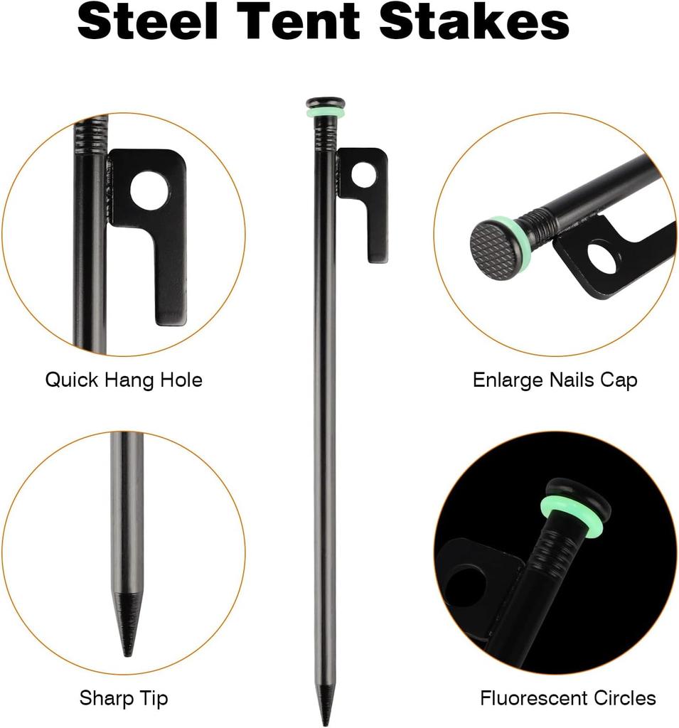 Tent Stakes Heavy Duty Metal Tent Pegs Steel Tent Stakes Fluorescent Silicone Rings Special Bag for Camping Used On Rocks
