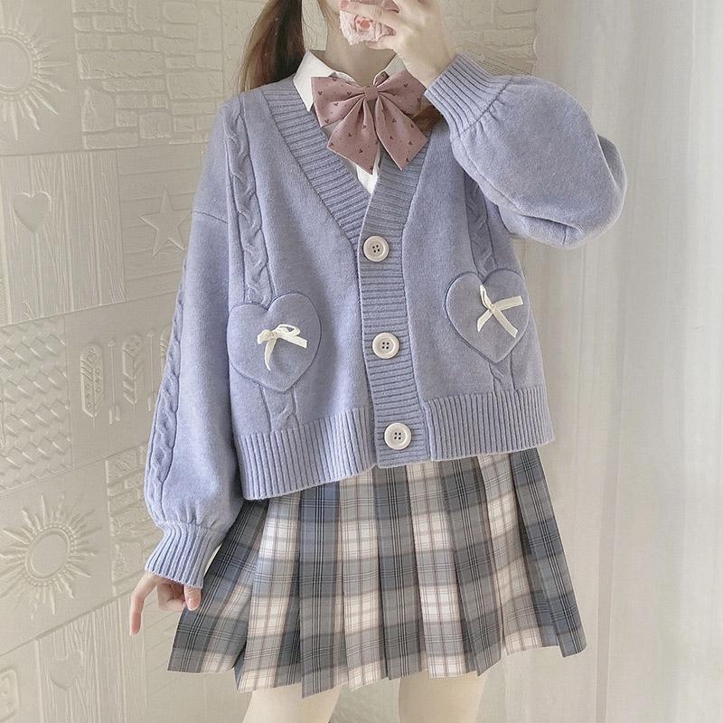 KOSY Kawaii Cardigan Jacket Spring Autumn Japan Fashion Women Vintage Crop Knitted Sweater Cute Bow Korean JK School Coat