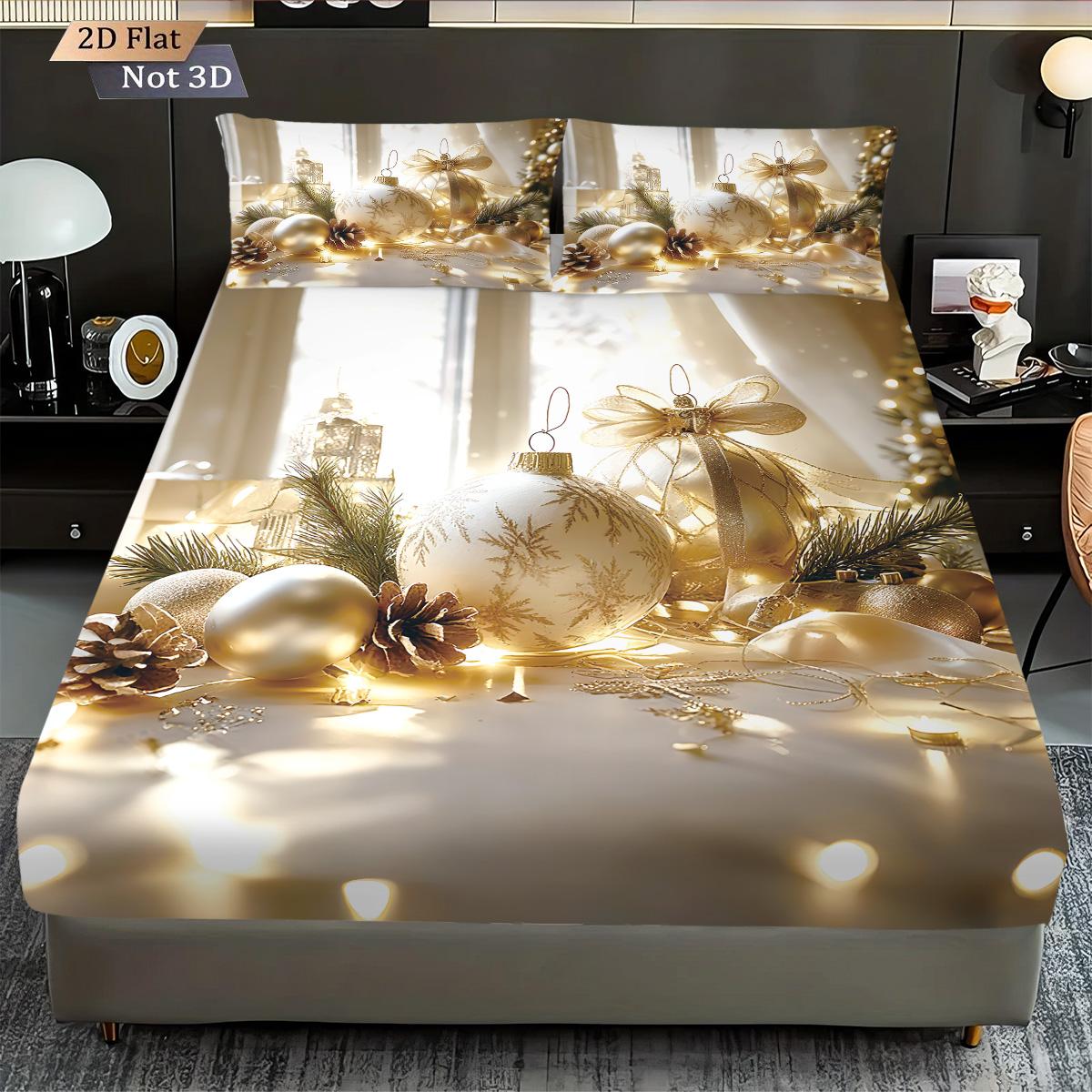 

3pcs Merry Christmas Gold Ball Printed Coreless Bed Sheet Set Multi Size Bed Cover Soft and Comfortable Bedding Machine Washable 90x191cm