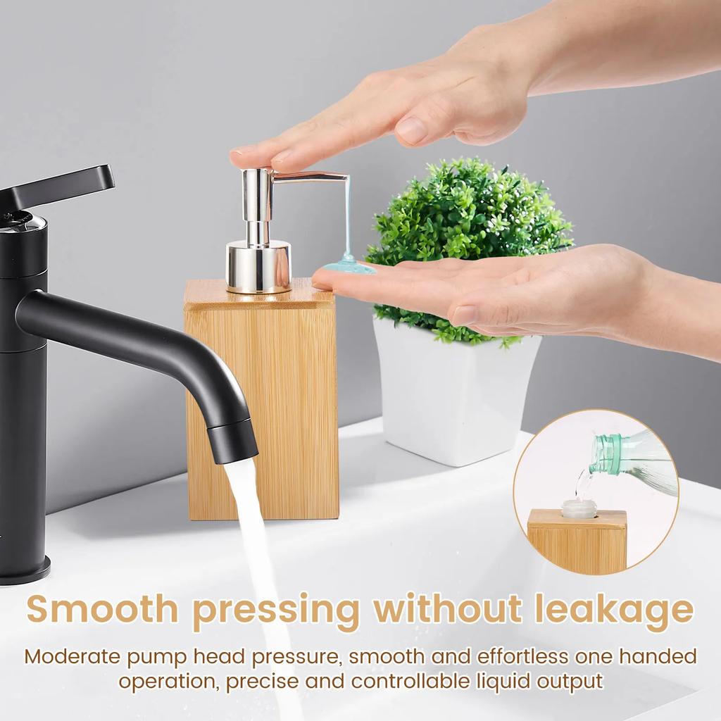 2Pcs Bamboo Soap Dispenser Refillable Pump Bottles Lotion Shampoo Liquid Hand Sanitizer Dispenser for Bathroom Kitchen
