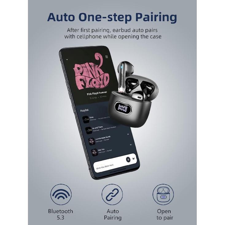 Wasart Wireless Earbud, Bluetooth 5.3 Headphones with 4 ENC Mics, 32H Bluetooth Earphones with Dual LED Display, Wireless Headphones in Ear IP7