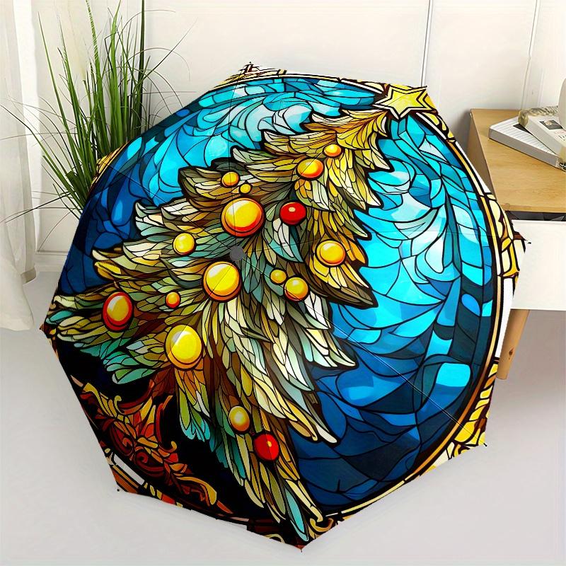 

Christmas Tree, Stained Glass Automatic folding umbrella simple eight rib design, bright color pattern, durable iron frame, ideal for trave