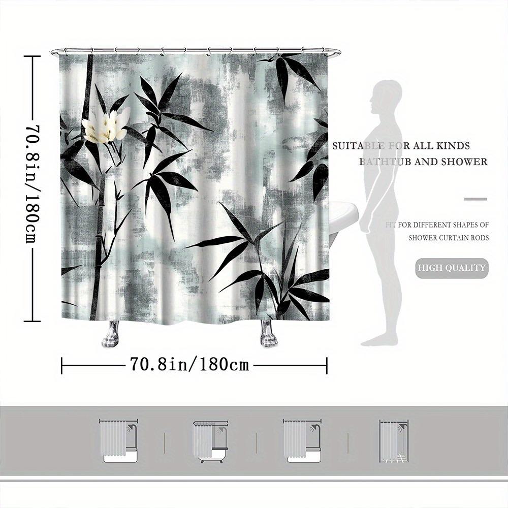 Bamboo Minimalist Shower Curtain, Monochromatic Bamboo & White Flowers, Fade-Resistant Polyester, Calming Bath Decor