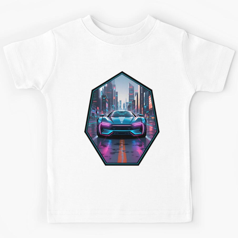 Cyberpunk Racing Sports Car With City Skyline Kids T-Shirt 170