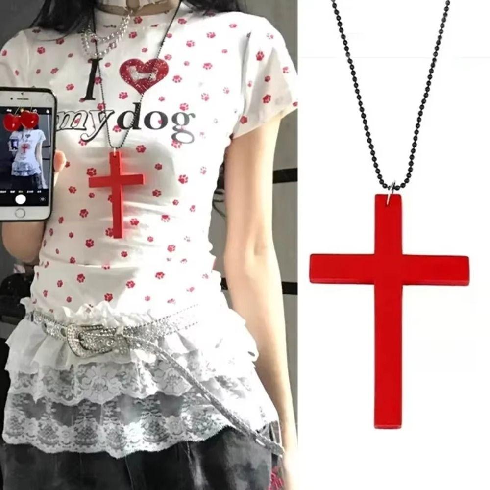 White Black Wood Cross Pendant Choker Y2k Cross Necklace Fashion Punk Gothic Necklace Women Men