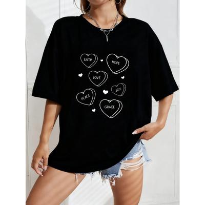 T-shirt Bianca Oversize Con Contorno di Cuore E Stampa Testuale Faith Hope Love Joy Peace Grace Per Abbigliamento Casual