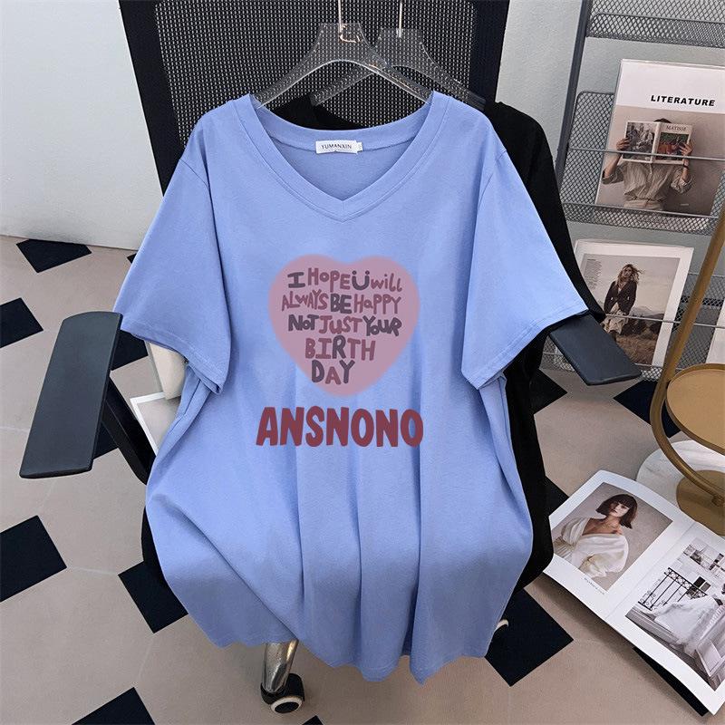 Plus Size Loose Mid-Length V-Neck Short-Sleeve T-Shirt for Women 7XL