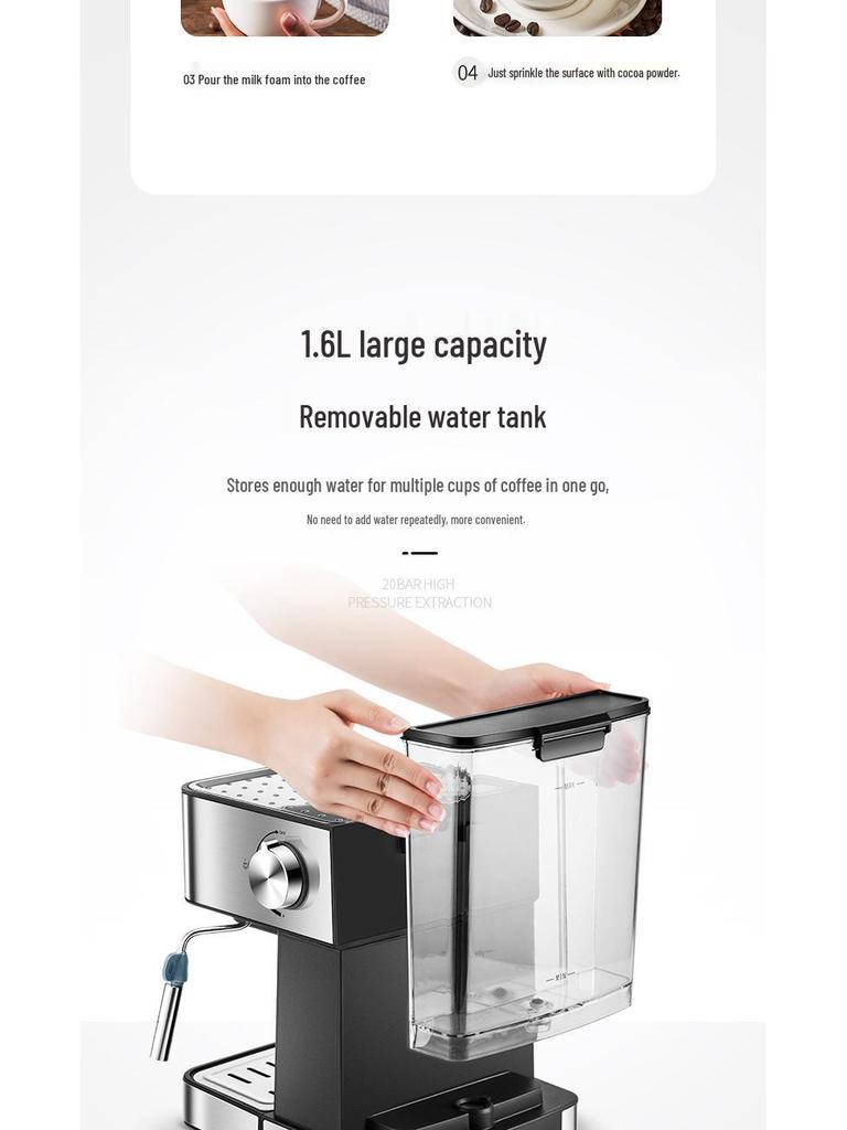 Italian Semi-Automatic Coffee Machine, 20-Bar High-Pressure Steam, Compact for Home or Office, Milk Frother Included