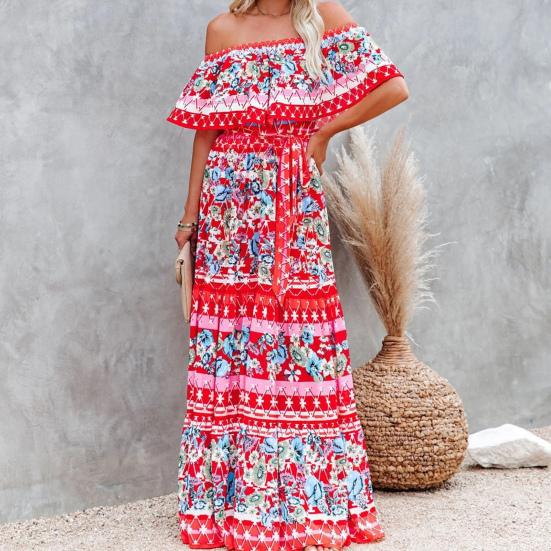 Women Dress Floral Print Off Shoulder Temperament Strapless Slim-fitting Sundress for Party