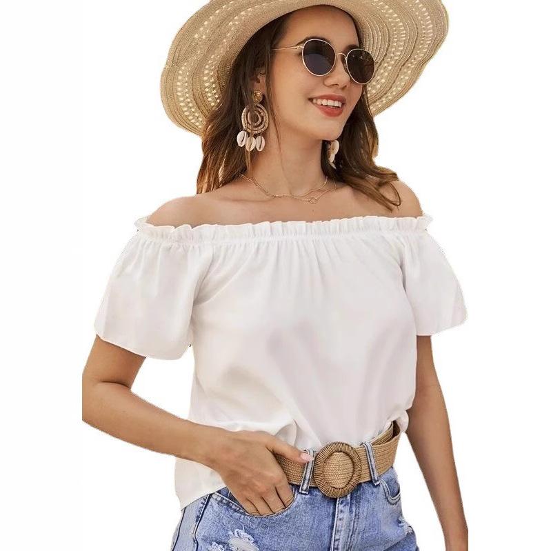 Women's Loose-fit Off-the-shoulder Boat-neck Ruffled Short-sleeved Shirt