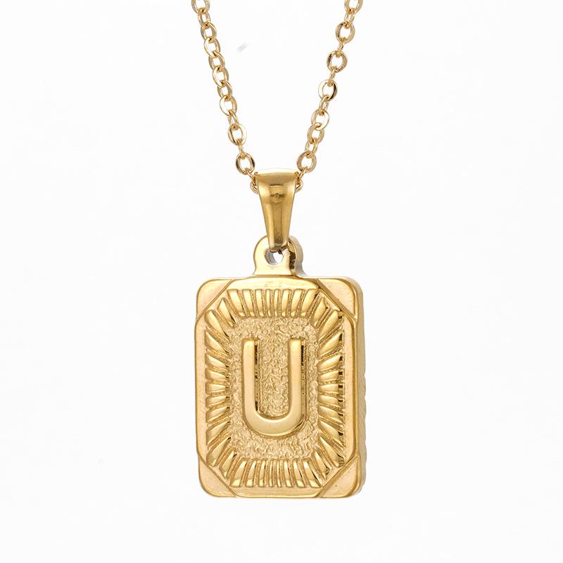 Men's 18K Gold Stainless Steel Square Pendant Necklace with Titanium Steel Uppercase English Letters