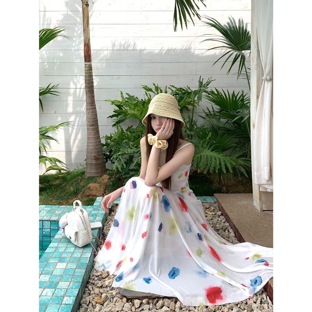 Design Sense Watercolor Dress Suspender Skirt Women's New Summer Slim Fishtail Skirt Chic Beautiful Foreign Style Long Skirt
