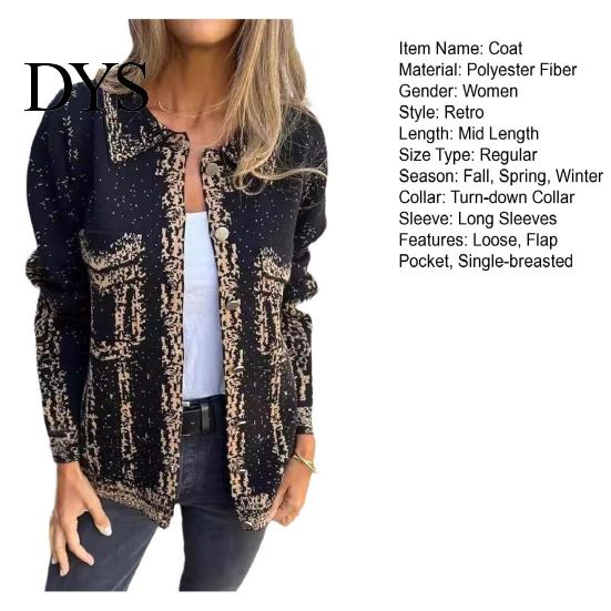 Women Solid Color Jacket Autumn Spring Coat Flap Pocket Turn-down Collar Long Sleeves Single-breasted Outerwear Buttons Retro Daily Wear Outdoor