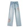 2025 Spring/Autumn Women's High-Waisted Embroidered Wide-Leg Denim Pants