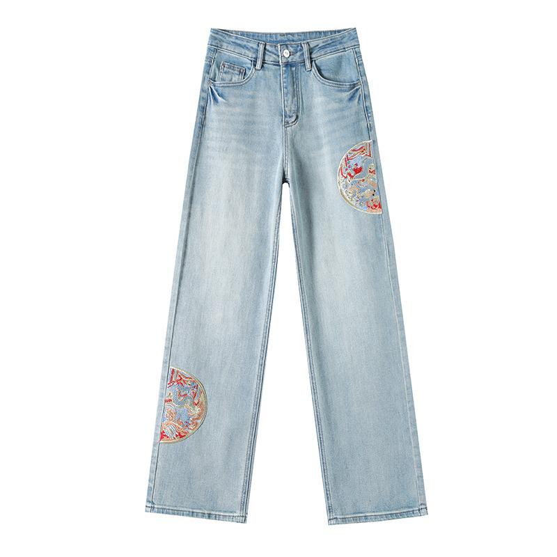 2025 Spring/Autumn Women's High-Waisted Embroidered Wide-Leg Denim Pants