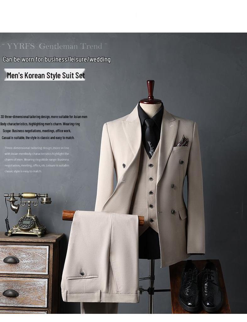 Korean-Style Apricot Double-Breasted Men's Suit, 2024 Autumn Wedding & Best Man Attire