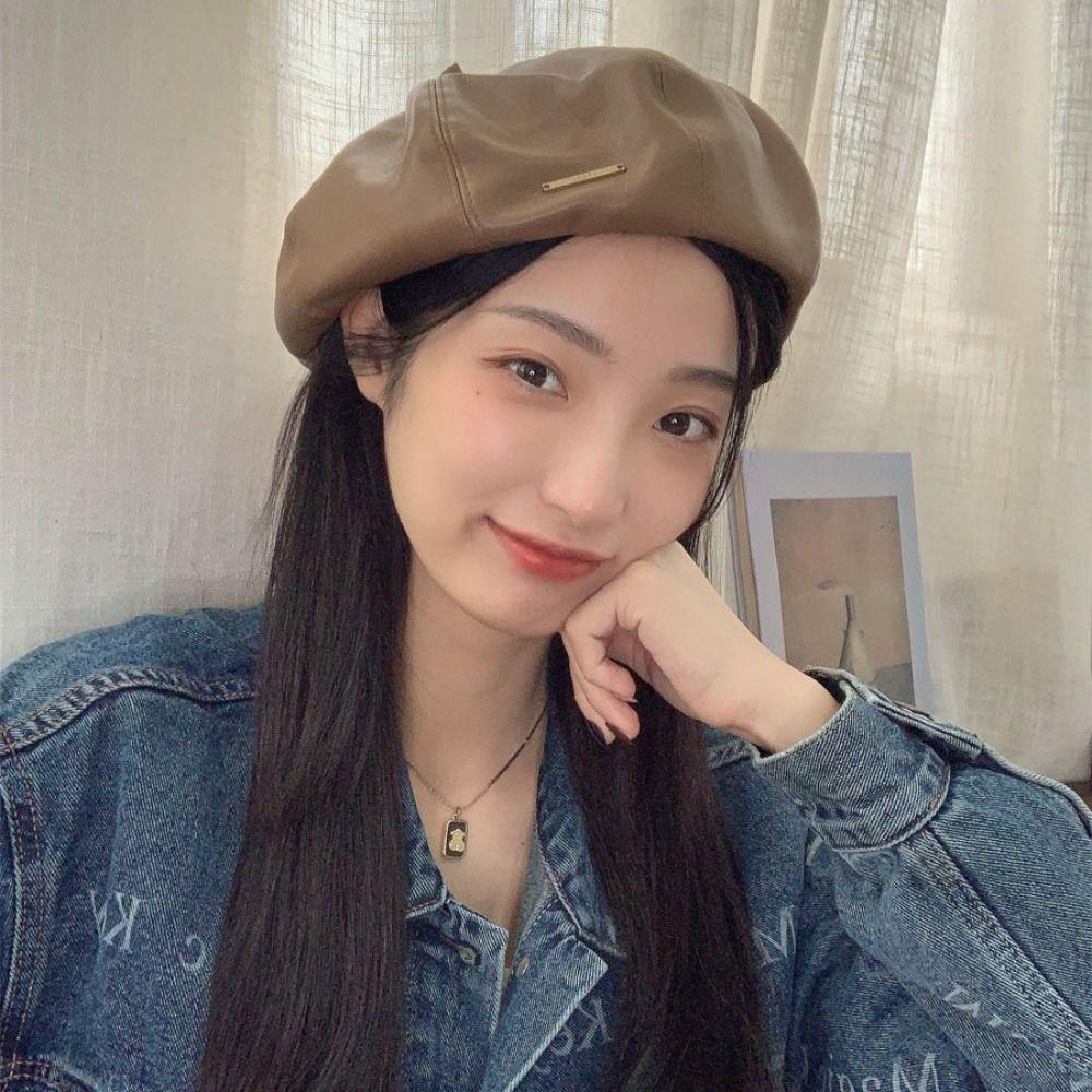 

Korean Style Octagonal Hat Solid Color Retro Painter Hat Personality PU Beret Ladies коричневий