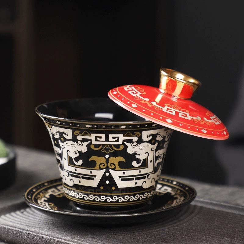 Rotating Sancai Gaiwan: Enamel Color Mutton Fat Jade Porcelain Tea Bowl with Lid for Kung Fu Tea Brewing.