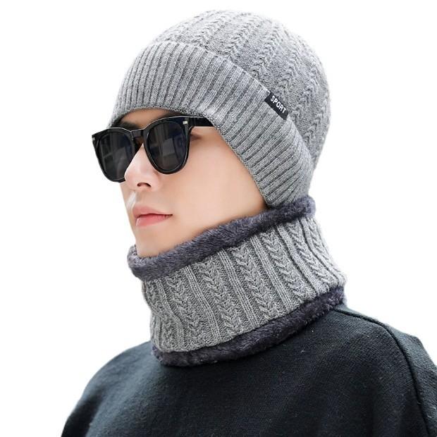 Winter solid color cloth label sports knitted hat men's simple outdoor warm ear protection scarf wool hat cold protection two-piece set