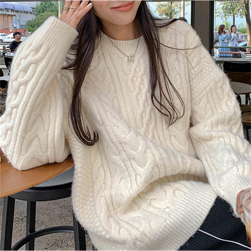Retro crew neck twist simple solid color temperament pullover knitted sweater top versatile and thin sweater women's outer wear