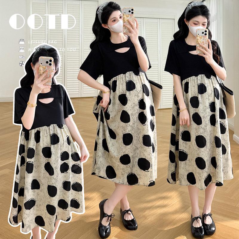 

2026 Summer Short Sleeve Korean Maternity Dress: Stylish Patchwork, Loose Fit, Two-Piece Look, Trendy Belly Cover for Moms L