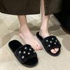 Flat Fluffy Fur Slippers Women Solid Warm Furry Slippers Women Winter House Flip Flops Home Rivet Slides Flat Indoor Floor Shoes