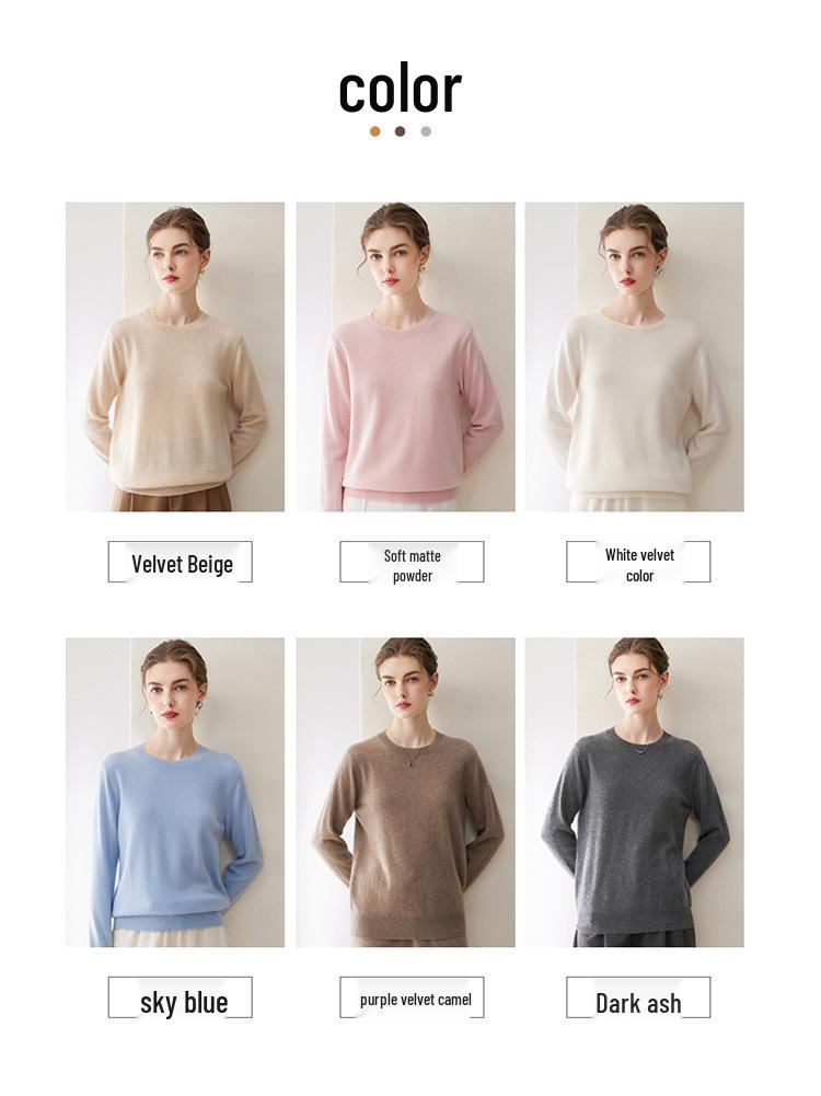 Women's Pure Cashmere Round Neck Sweater - Slimming Soft Knitwear for Autumn/Winter