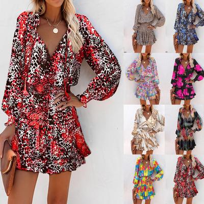 Spring and Summer Long Sleeve V-Neck Fashion Printed Waist Dress Women's Clothing