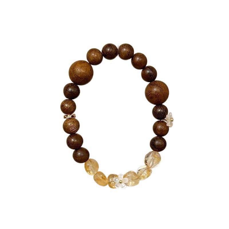 Handmade Wooden Bracelet With Amber Crystal Shell Flower Beads Zen Style Boho Charm Women New Chinese Aesthetic