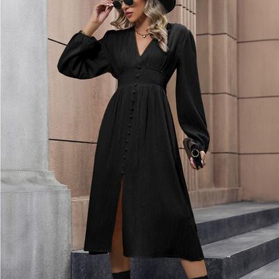 Robe jupe boutonnée à col en V Yiyi nouvelle robe d'automne pour femme avec fente à la taille