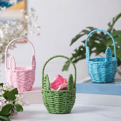 Easter Cute Rabbit Ears Basket with Handle Creative Storage Bin Multi-Purpose Mini Handmade Rabbit Baskets Sundries Organizer