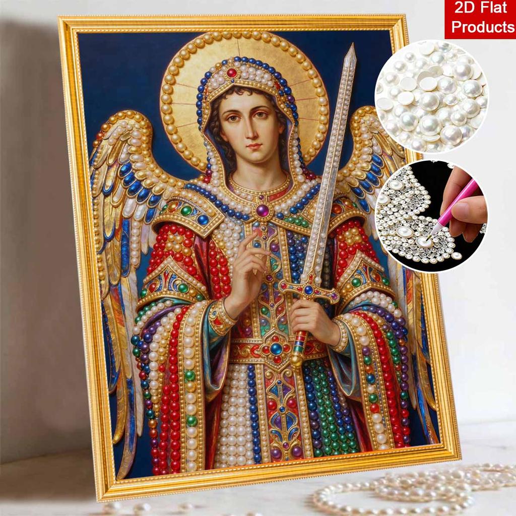 5D Framed Pearl Painting Kit Archangel Michael Guardian Sword Pattern Sparkling Bead Art Canvas Ready to Display Romantic Home Decor Gift