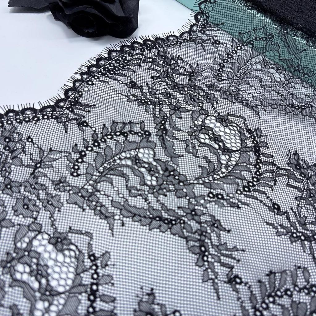 3m X 27.5cm Black Chantilly Lace, Inelastic Scalloped Nylon Lace Fabric with Eyelash for Sewing, Bra, Underwear, Lingerie, Dress, Garment, Crafting