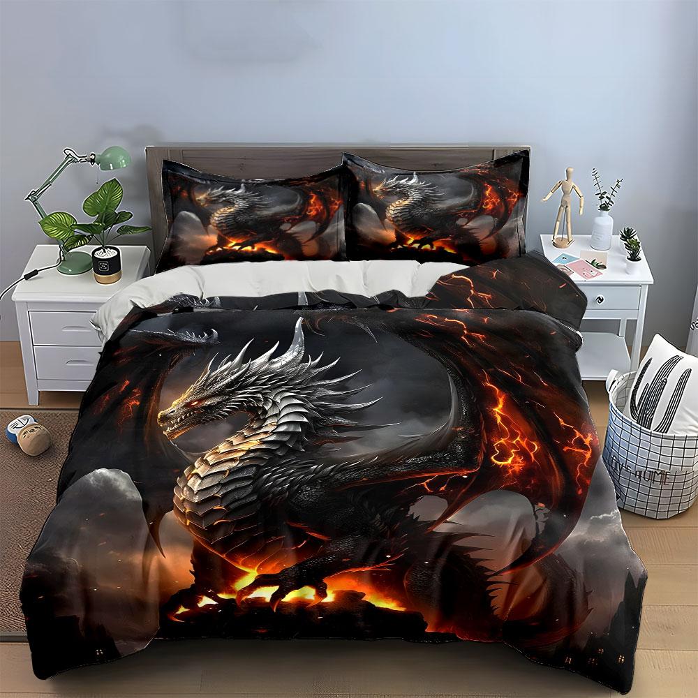 Silver dragon with flames. Bedding sets Duvet cover sets Duvet covers Pillowcases(1 * Duvet Cover 2 * Pillowcases without duvet insert)