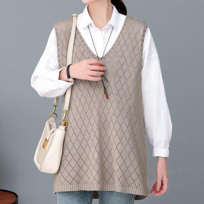 Women's Plus-Size Thin Loose Solid Color Hollow-Out Sleeveless Knitted Vest V-Neck Cardigan Top for Outer Wear
