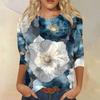 Women's Fashion Casual Round Neck Three-quarter Sleeve Retro Floral Print T-shirt Top